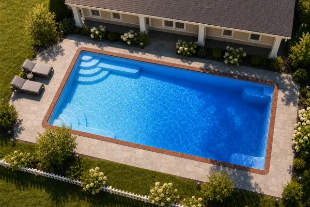 Daytime render of the Goliath 1429 fiberglass pool with brick coping and a California interior, seen from above at an angle.