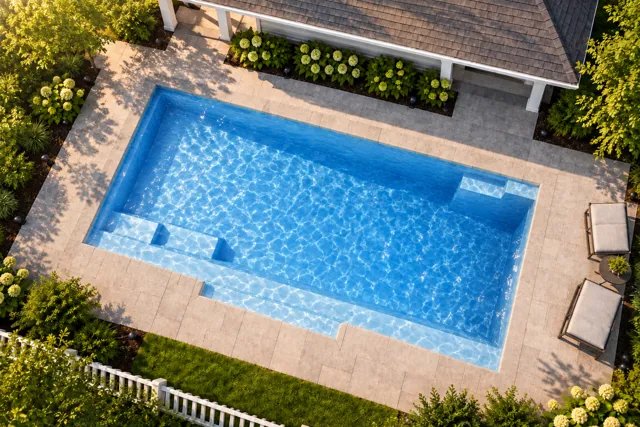 Daytime render of the Tuscan 11.20 fiberglass pool with cantilever coping and a Sapphire Blue interior, seen from above at an angle.