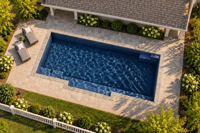 Daytime render of the Tuscan 14.27 fiberglass pool with stone coping and a Night Sky interior, seen from above at an angle.