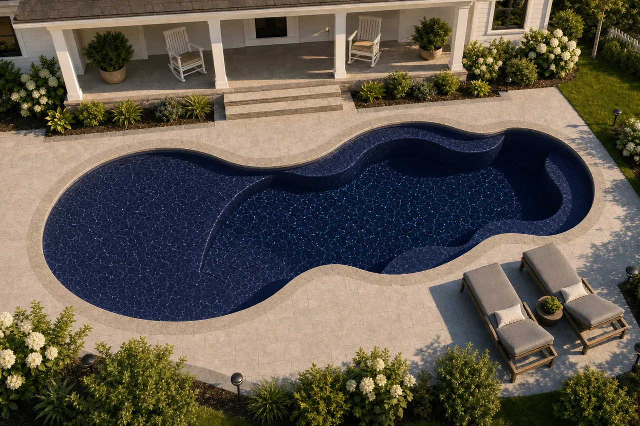 Daytime render of the Axiom 14 fiberglass pool with stone coping and a Night Sky interior, seen from above at an angle.