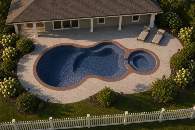 Daytime render of the Axiom 12 Deluxe fiberglass pool with brick coping and a Ocean Blue interior, seen from above at an angle.