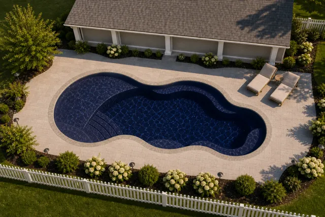 Daytime render of the Axiom 14 fiberglass pool with stone coping and a Night Sky interior, seen from above at an angle.