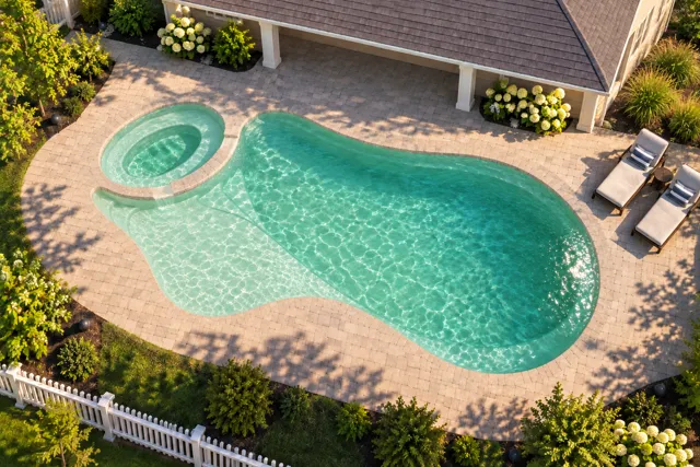 Daytime render of the The Brilliant 30 fiberglass pool with cantilever coping and a Beach Sand interior, seen from above at an angle.