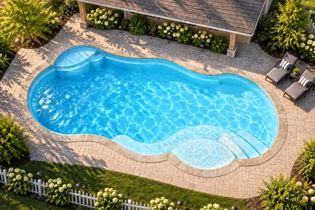 Daytime render of the Sun Day 1634 fiberglass pool with stone coping and a Caribbean Sparkle interior, seen from above at an angle.