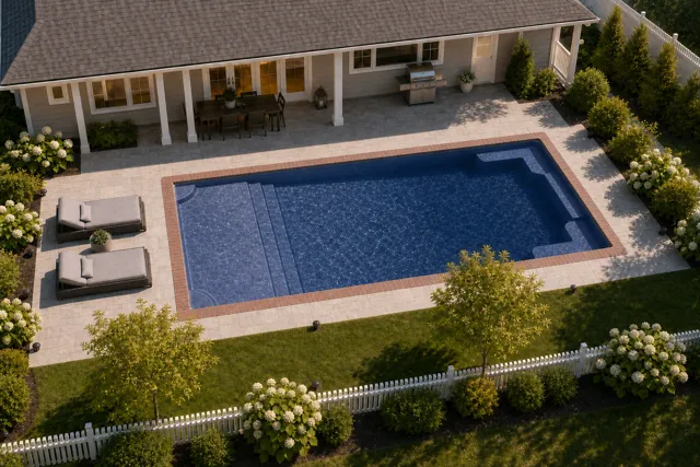 Daytime render of the Corinthian 12 fiberglass pool with brick coping and a Ocean Blue interior, seen from above at an angle.