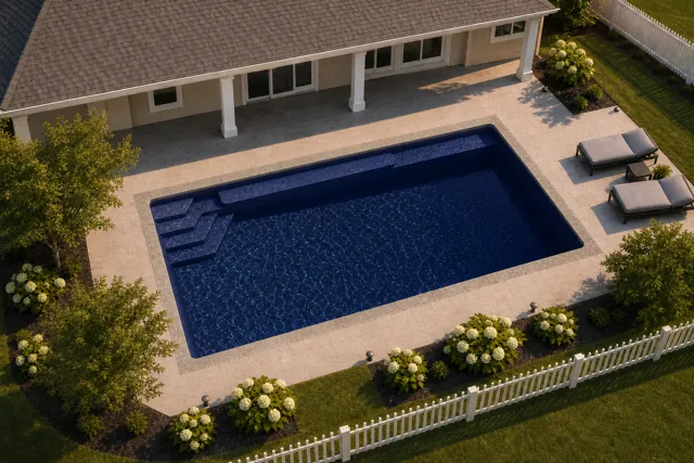 Daytime render of the Sirius fiberglass pool with stone coping and a Night Sky interior, seen from above at an angle.