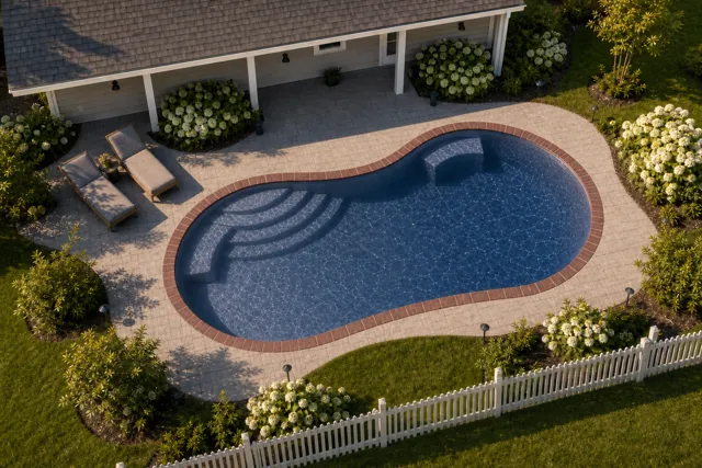 Daytime render of the Jamaica 14 fiberglass pool with brick coping and a Ocean Blue interior, seen from above at an angle.
