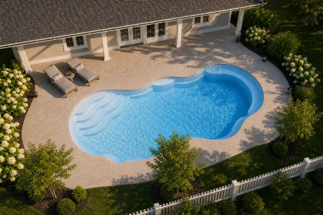 Daytime render of the Bermuda 14 fiberglass pool with cantilever coping and a Sapphire Blue interior, seen from above at an angle.