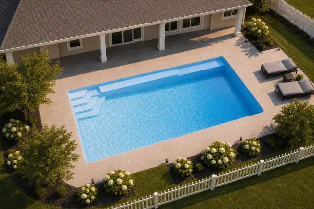 Daytime render of the Sirius fiberglass pool with cantilever coping and a Sapphire Blue interior, seen from above at an angle.
