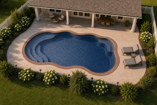 Daytime render of the Aruba fiberglass pool with brick coping and a Ocean Blue interior, seen from above at an angle.