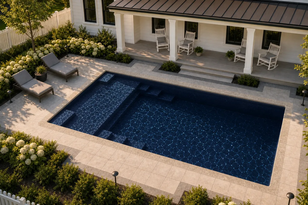 Daytime render of the Enchantment 9.21 fiberglass pool with stone coping and a Night Sky interior, seen from above at an angle.