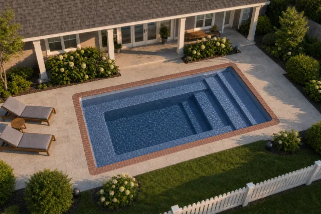 Daytime render of the Milan 8.14 fiberglass pool with brick coping and a Ocean Blue interior, seen from above at an angle.