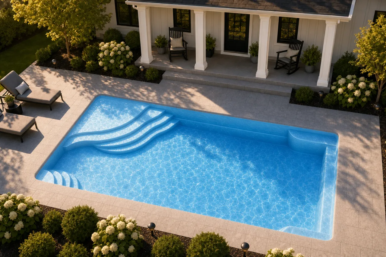 Daytime render of the Olympia 16 fiberglass pool with cantilever coping and a Sapphire Blue interior, seen from above at an angle.