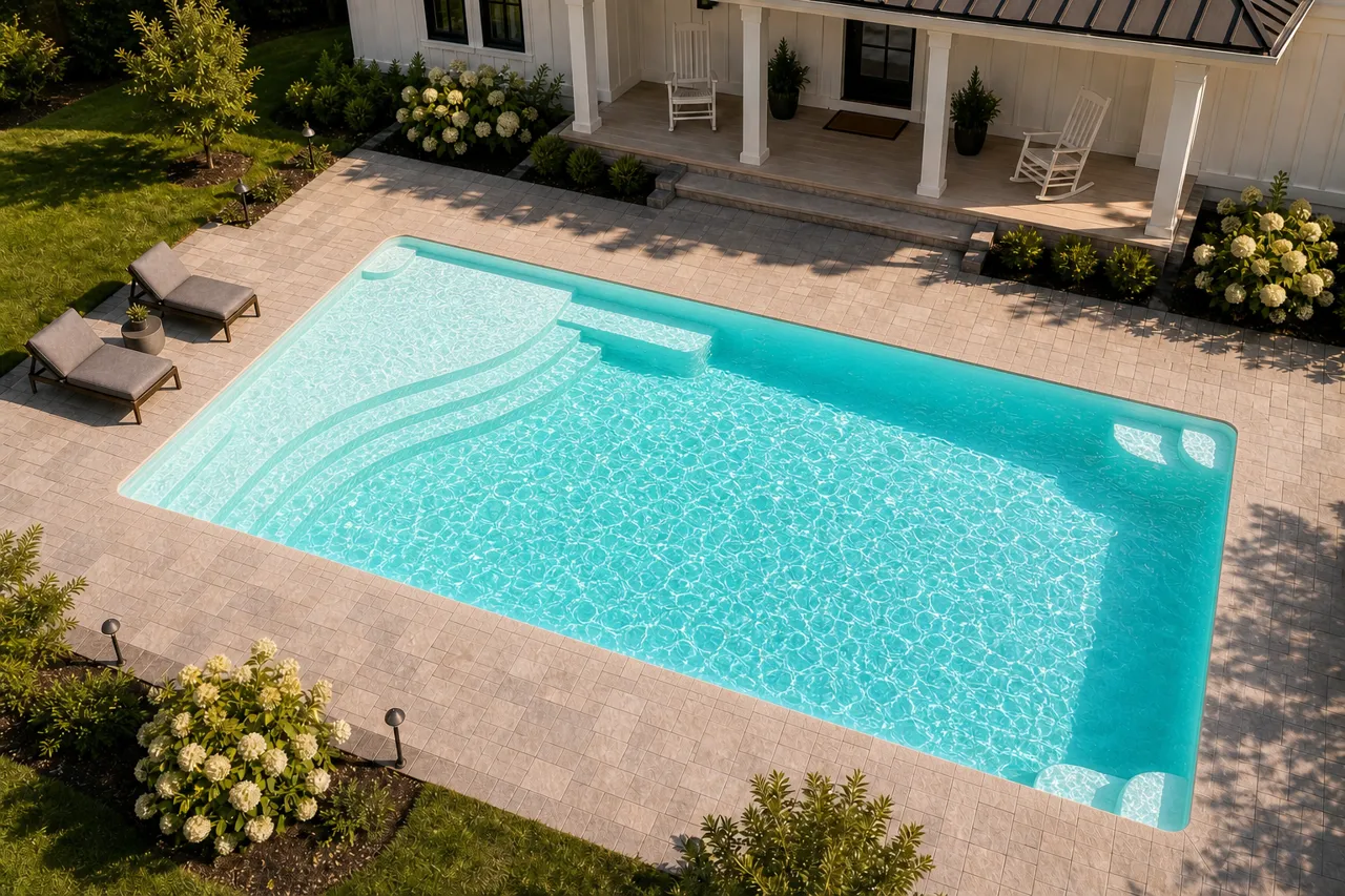 Daytime render of the Aspen 1640 fiberglass pool with cantilever coping and a Arctic Shimmer interior, seen from above at an angle.