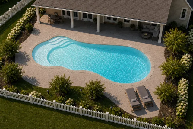 Daytime render of the The Fantasy 35 fiberglass pool with stone coping and a Ice Silver interior, seen from above at an angle.
