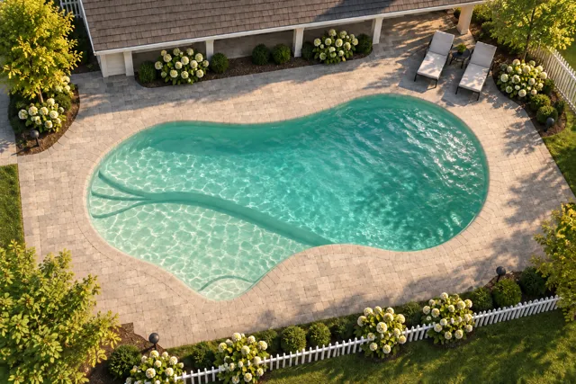 Daytime render of the The Inspiration 30 fiberglass pool with cantilever coping and a Beach Sand interior, seen from above at an angle.