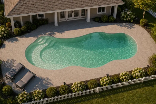 Daytime render of the The Fantasy 26 fiberglass pool with cantilever coping and a Beach Sand interior, seen from above at an angle.